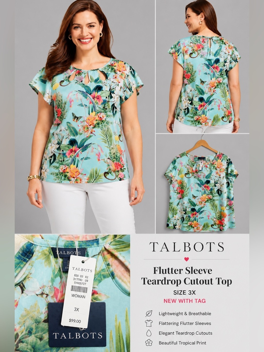 Talbots Tropical Floral Flutter Sleeve Teardrop Cutout Blouse 3X NWT Aqua